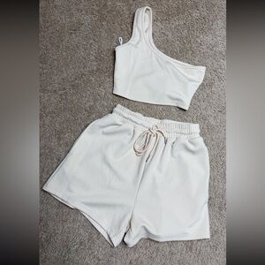 SHEIN Cream One-Shoulder Top and Shorts Set